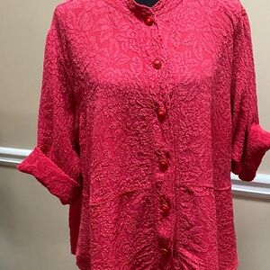 Red, light-weight silk, button-down top